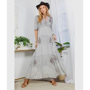 DR44607 Boho Gray Maxi Dress with Embroidered Accents